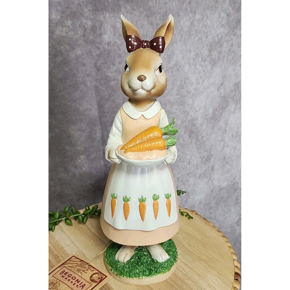 Begonia Market Farmhouse Easter Bunny Girl Figurine‎ 11" Carrots Spring Tabletop